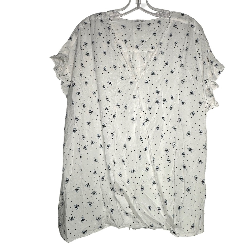 Single Thread White Bee Polka Dot Ruffle Sleeve Surplice Blouse Top Plus 1X‎